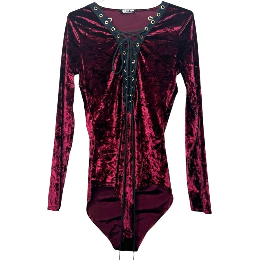 Fashion Nova Lace Up Front Bodysuit Size Large Maroon Velour Velvet  Long Sleeve